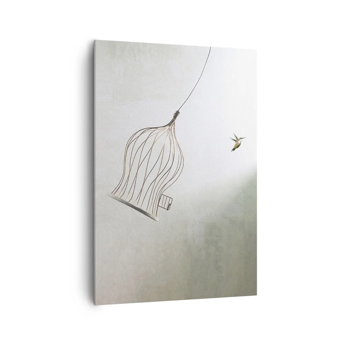 Bild auf Leinwand - Leinwandbild - Ein aus einem Käfig befreiter Vogel vor dem Hintergrund eines hellen Himmels - 70x100cm - In seinem Element - Moderne Wanddekoration für Wohnzimmer und Schlafzimmer ARTTOR