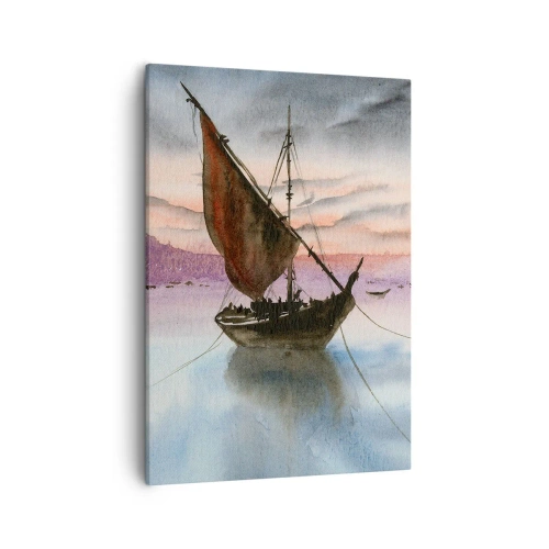Bild auf Leinwand - Leinwandbild - Zwei Segelschiffe liegen in der Abenddämmerung auf ruhigem Wasser vor Anker - 50x70cm - Abend am Hafen - Moderne Wanddekoration für Wohnzimmer und Schlafzimmer ARTTOR