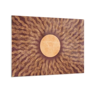 Glasbild - Bild auf glas - Eine stilisierte Sonne mit Strahlen in Form von Wellenlinien auf braunem Hintergrund. - 70x50cm - Sonnensymbol - Moderne Wanddekoration für Wohnzimmer und Schlafzimmer ARTTOR