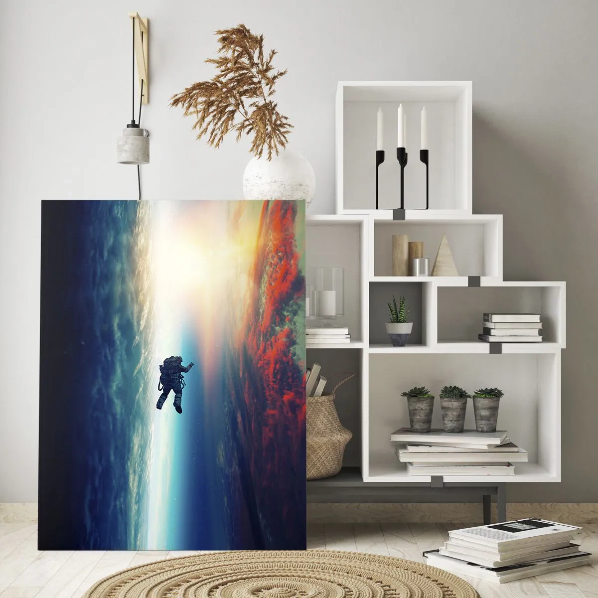 Glasbild - Bild auf glas - Ein Astronaut, der durch den Weltraum in Richtung Licht treibt - 50x70cm - Sich dem Universum stellen - Moderne Wanddekoration für Wohnzimmer und Schlafzimmer ARTTOR