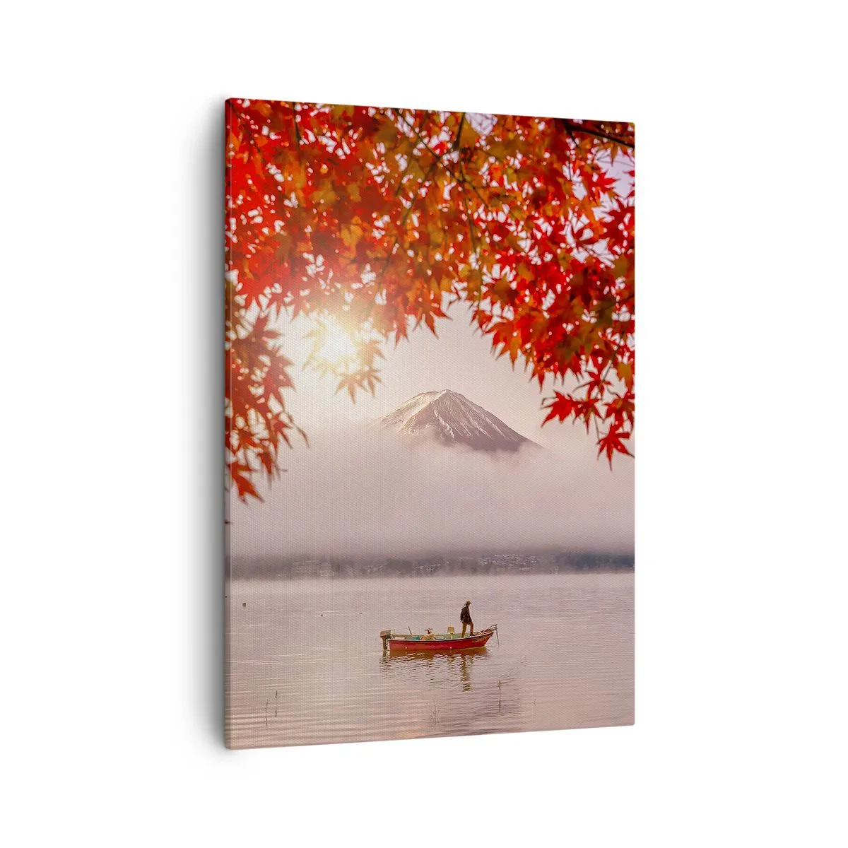 Bild auf Leinwand - Leinwandbild - Ein Boot auf einem See, umgeben von roten Ahornblättern - 50x70cm - Im japanischen Klima - Moderne Wanddekoration für Wohnzimmer und Schlafzimmer ARTTOR