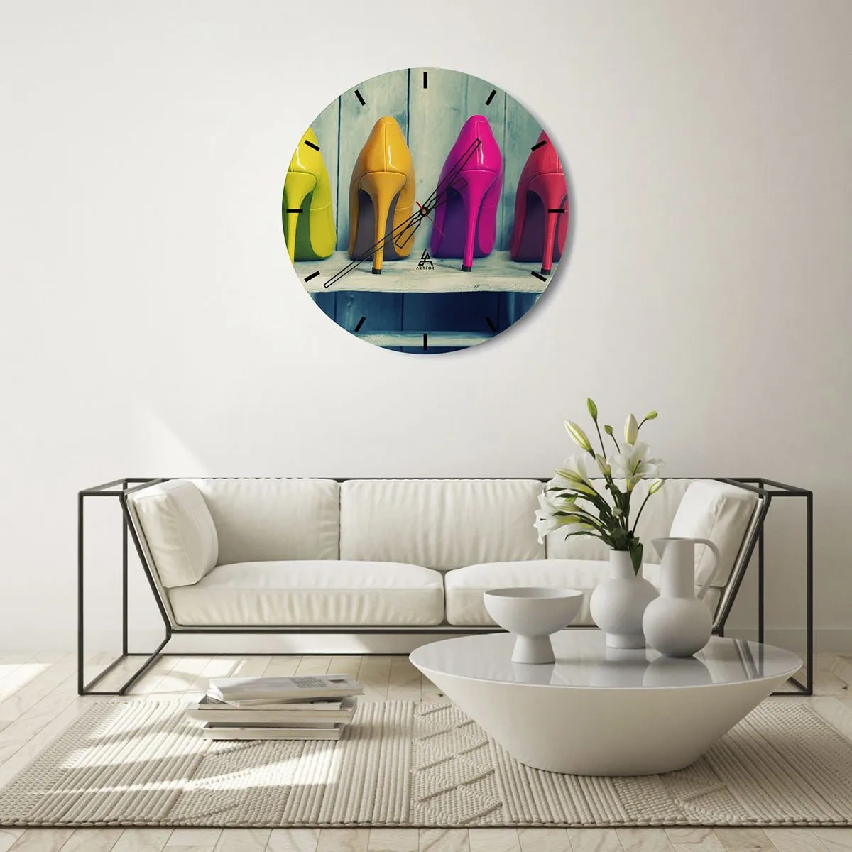 Wanduhr - Glasuhr - Bunte Stecknadeln auf einem Holzregal mit hellem Hintergrund - 30x30cm - Spazierengehen auf dem Regenbogen - Moderne Wanddekoration für Wohnzimmer, Küche und Schlafzimmer ARTTOR