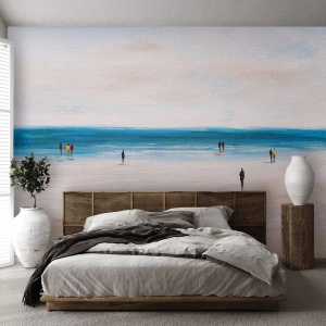 Fototapete Premium Canvas - Ein Strand mit Menschen vor der Kulisse eines ruhigen Meeres - 100x70cm - Natürliches Bedürfnis - Moderne Wanddekoration für Wohnzimmer und Schlafzimmer ARTTOR