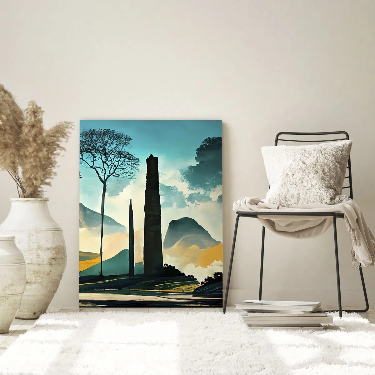 Glasbild - Bild auf glas - Eine Fantasielandschaft mit Bergen, Bäumen und einem hoch aufragenden Felsen - 50x70cm - Immer höher und höher - Moderne Wanddekoration für Wohnzimmer und Schlafzimmer ARTTOR