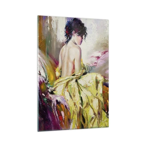 Glasbild - Bild auf glas - Eine malerische Szene einer Frau auf einem Bett in romantischer Atmosphäre - 80x120cm - Zwischen den Lippen und dem Rand der Tasse - Moderne Wanddekoration für Wohnzimmer und Schlafzimmer ARTTOR