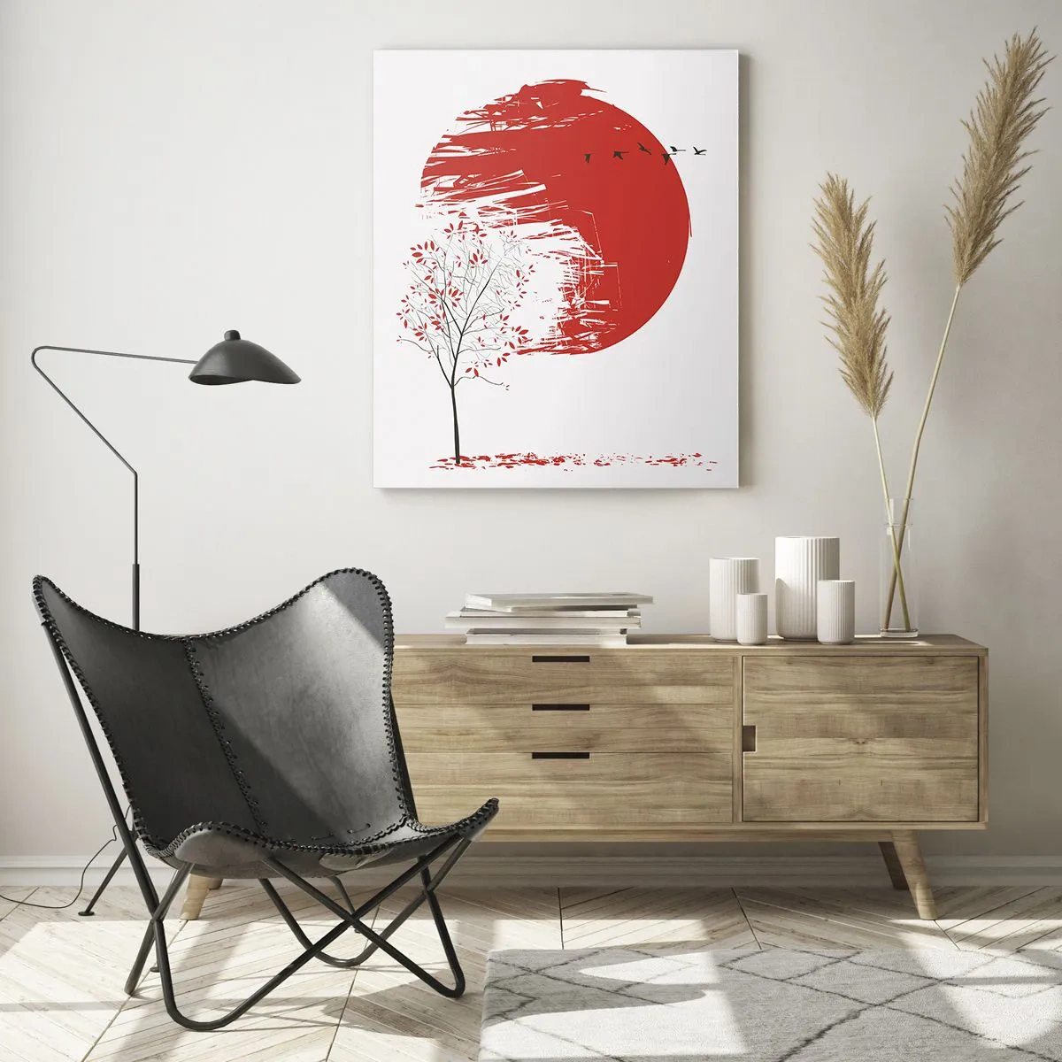 Glasbild - Bild auf glas - Roter Kreis und Baum im japanischen Stil - 80x120cm - Kennst du dieses Land? - Moderne Wanddekoration für Wohnzimmer und Schlafzimmer ARTTOR