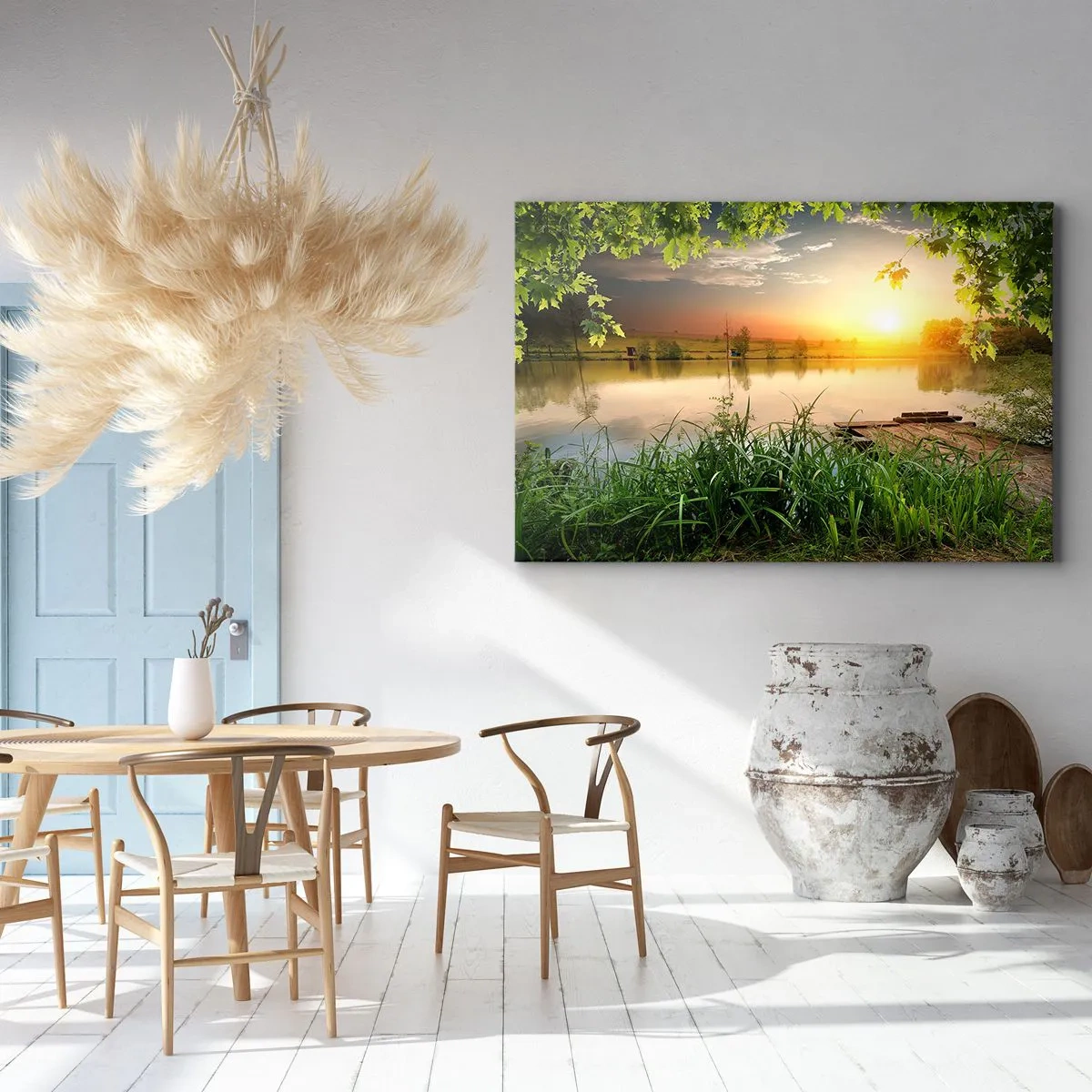 Bild auf Leinwand - Leinwandbild - Grüne Landschaft mit einem See bei Sonnenuntergang - 100x70cm - Landschaft in einem grünen Rahmen - Moderne Wanddekoration für Wohnzimmer und Schlafzimmer ARTTOR