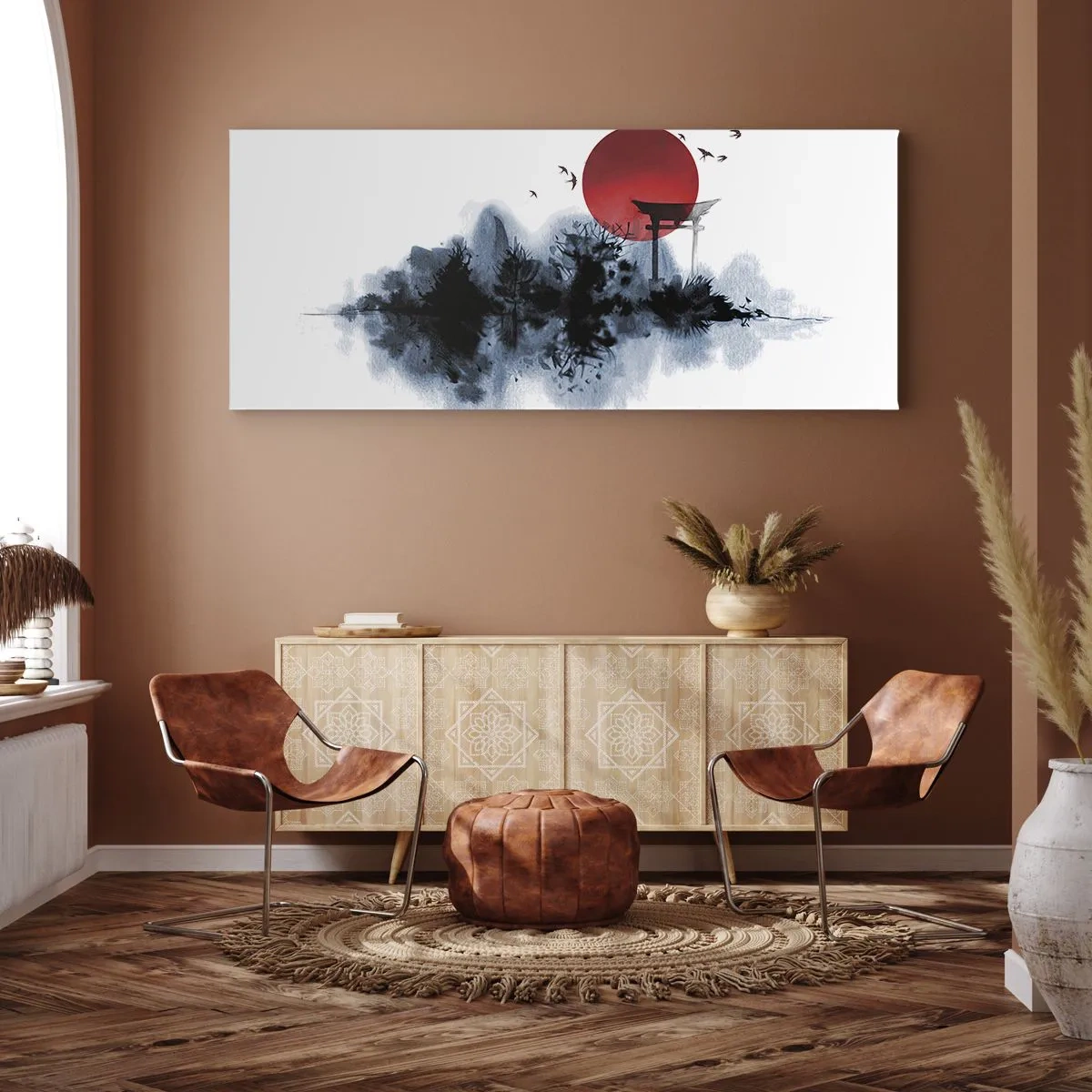 Bild auf Leinwand - Leinwandbild - Rote Sonne über einer malerischen Landschaft mit Torii - 160x50cm - Japanische Sicht - Moderne Wanddekoration für Wohnzimmer und Schlafzimmer ARTTOR