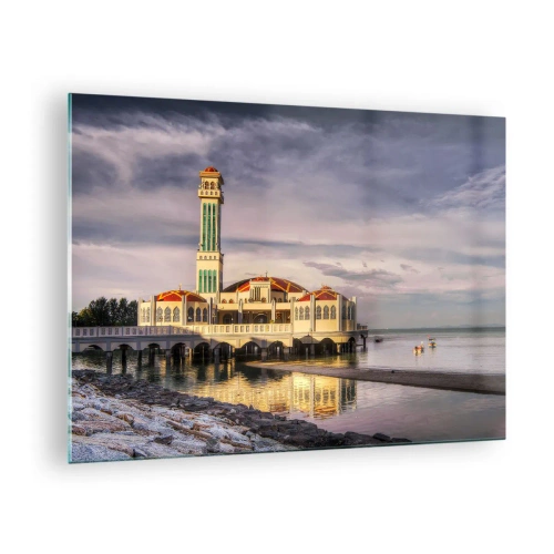 Glasbild - Bild auf glas - Moschee am Wasser in malerischem Licht - 70x50cm - Tempel der Natur - Moderne Wanddekoration für Wohnzimmer und Schlafzimmer ARTTOR