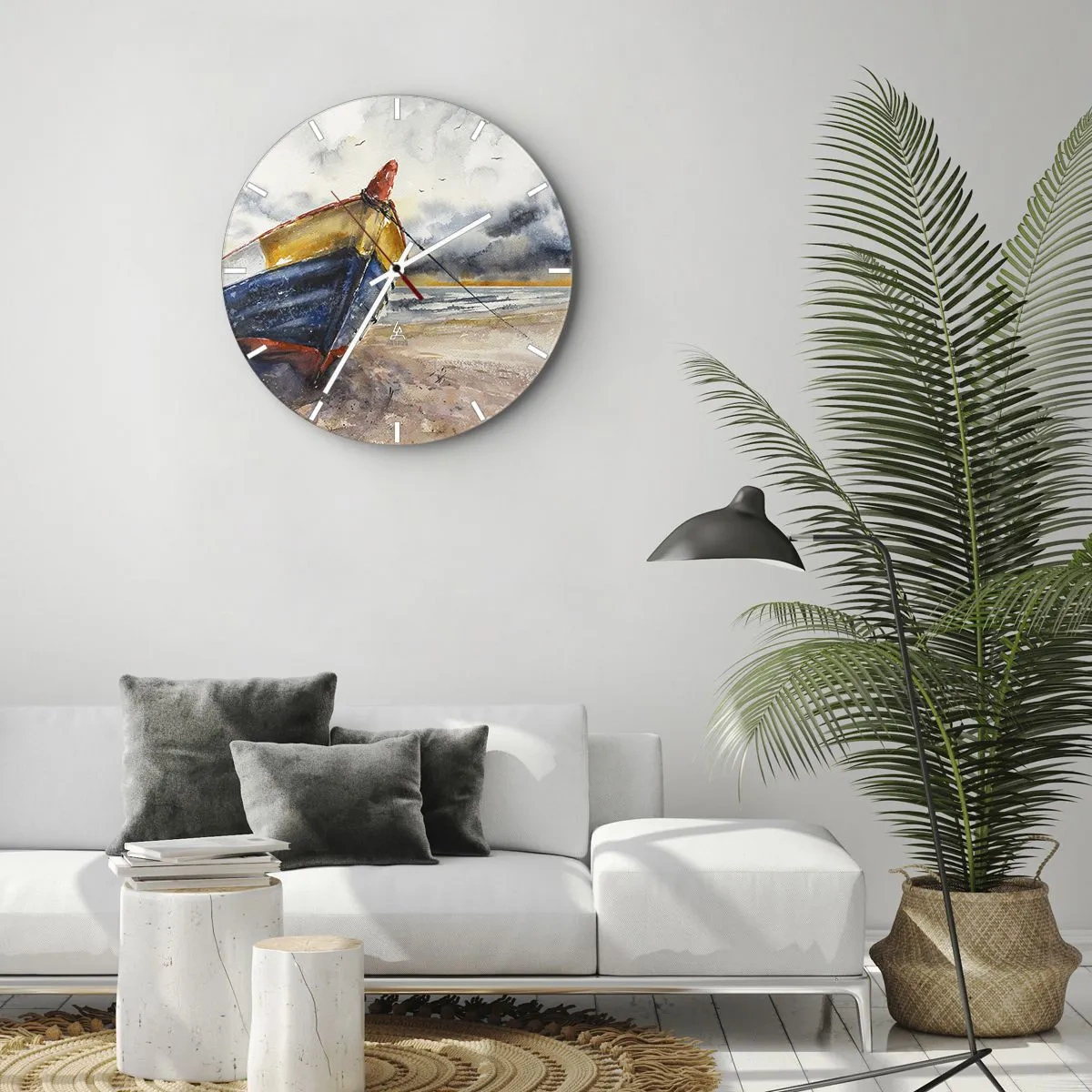 Wanduhr - Glasuhr - Ein buntes Boot an einem Sandstrand im malerischen Stil - 30x30cm - Erholung am Ufer - Moderne Wanddekoration für Wohnzimmer, Küche und Schlafzimmer ARTTOR
