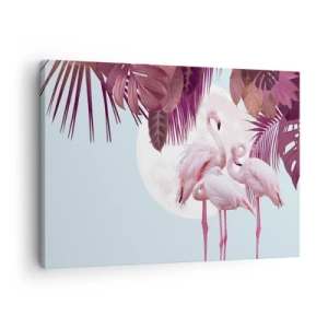 Bild auf Leinwand - Leinwandbild - Rosa Flamingos vor dem Hintergrund des Mondes und tropischer Blätter - 70x50cm - Drei Vogelgnaden - Moderne Wanddekoration für Wohnzimmer und Schlafzimmer ARTTOR
