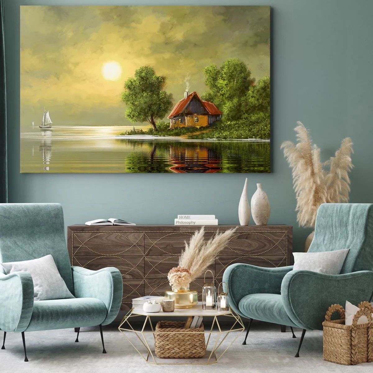 Bild auf Leinwand - Leinwandbild - Seehaus im Abendlicht - 120x80cm - Schön, wie ein Bild - Moderne Wanddekoration für Wohnzimmer und Schlafzimmer ARTTOR