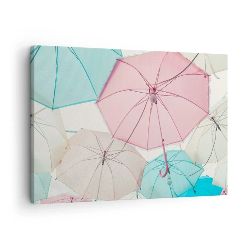 Bild auf Leinwand - Leinwandbild - Pastellfarbene Regenschirme vor einem hellen Himmel - 70x50cm - Mal Sonne, mal Regen - Moderne Wanddekoration für Wohnzimmer und Schlafzimmer ARTTOR