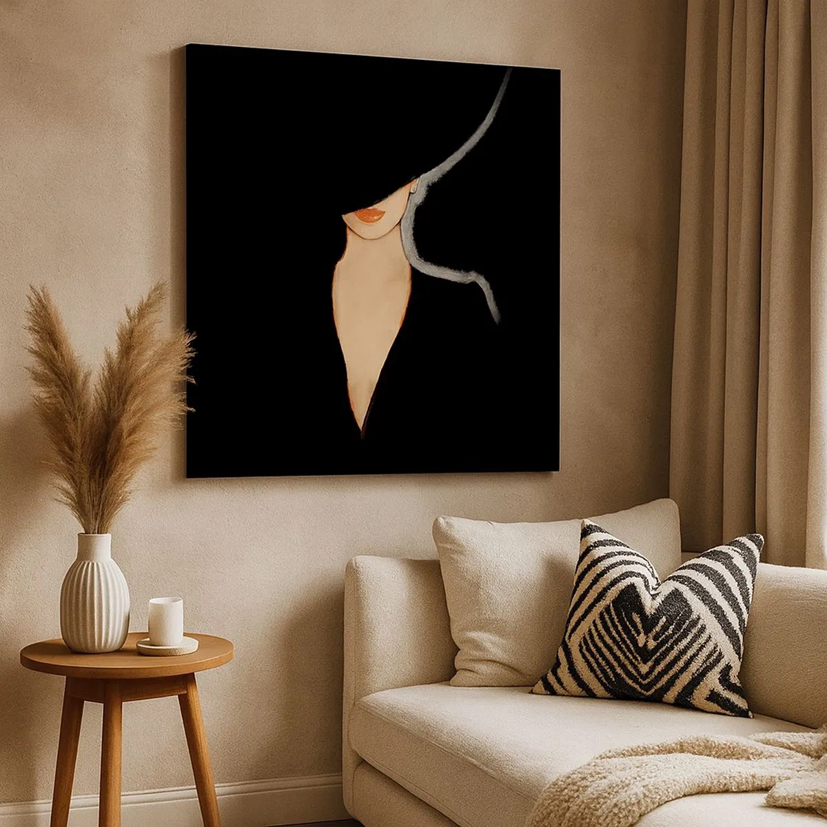 Bild auf Leinwand - Leinwandbild - Silhouette einer Frau mit Hut auf schwarzem Hintergrund - 70x50cm - Eleganz und Stil - Moderne Wanddekoration für Wohnzimmer und Schlafzimmer ARTTOR