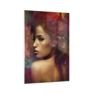 Glasbild - Bild auf glas - Eine Frau mit bunten Reflexionen, die einen abstrakten Hintergrund erzeugen - 70x100cm - Schöner als ein Regenbogen, so zart wie ein Nebel - Moderne Wanddekoration für Wohnzimmer und Schlafzimmer ARTTOR