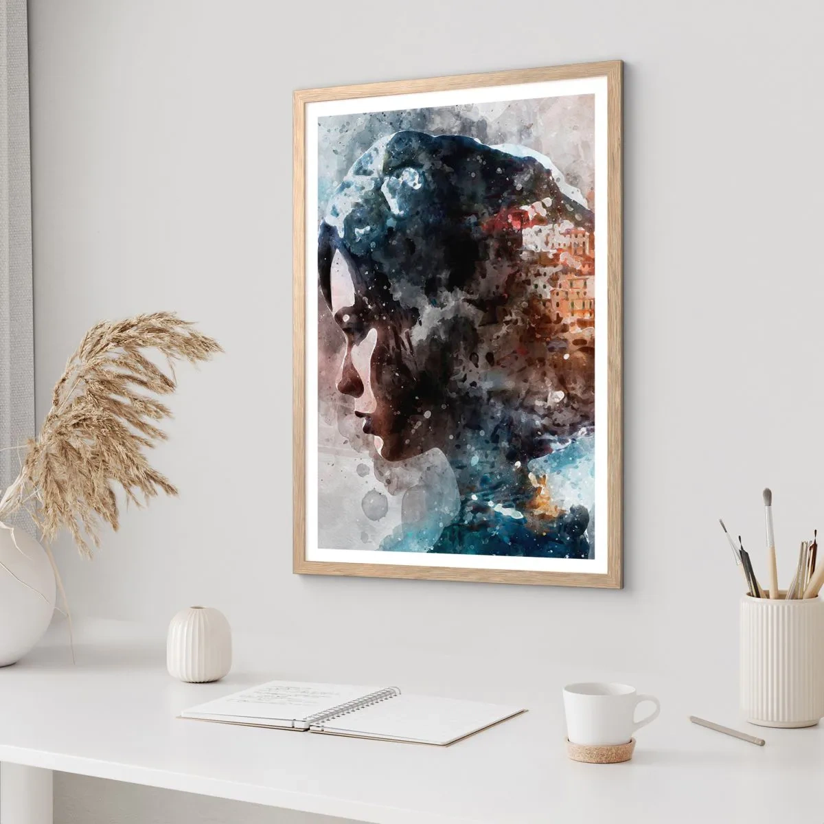 Poster in einem Rahmen aus heller Eiche - Eine Geschichte über ein Mädchen mit einer Stadt im Hintergrund - 40x50 cm