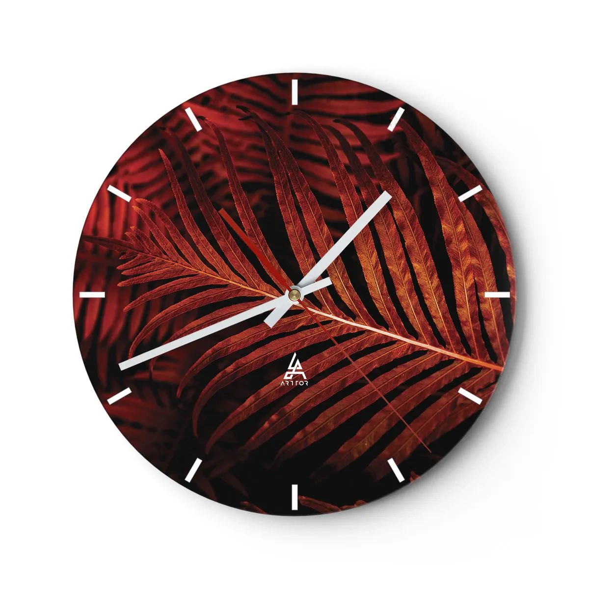 Wanduhr - Glasuhr - Rot-orange Blätter einer tropischen Pflanze auf dunklem Hintergrund - 30x30cm - Die Hitze des Lebens - Moderne Wanddekoration für Wohnzimmer, Küche und Schlafzimmer ARTTOR
