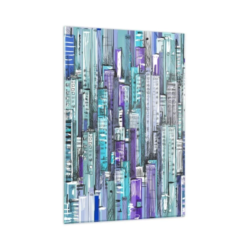 Glasbild - Bild auf glas - Illustration einer Stadt mit geometrischen Gebäuden in Blau- und Lilatönen. - 80x120cm - Bläulich von dem Himmel - Moderne Wanddekoration für Wohnzimmer und Schlafzimmer ARTTOR