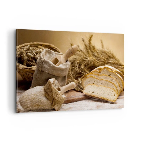 Bild auf Leinwand - Leinwandbild - Eine Landschaft mit Brot, Mehl und Ähren im rustikalen Stil. - 120x80cm - Wie mit einem Messer geschnitten - Moderne Wanddekoration für Wohnzimmer und Schlafzimmer ARTTOR
