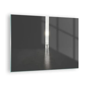 Glasbild - Bild auf glas - Silhouette eines Mannes, der eine Tür zu einem hellen Licht öffnet - 70x50cm - Ein Schritt in eine strahlende Zukunft - Moderne Wanddekoration für Wohnzimmer und Schlafzimmer ARTTOR