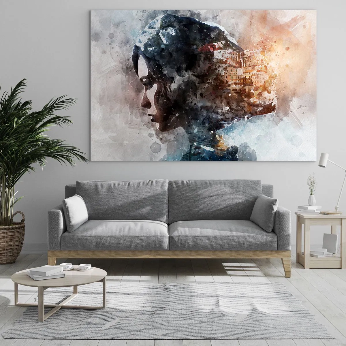 Glasbild - Bild auf glas - Ein Profil einer Frau im Aquarellstil mit einer Stadt im Hintergrund. - 70x50cm - Eine Geschichte über ein Mädchen mit einer Stadt im Hintergrund - Moderne Wanddekoration für Wohnzimmer und Schlafzimmer ARTTOR