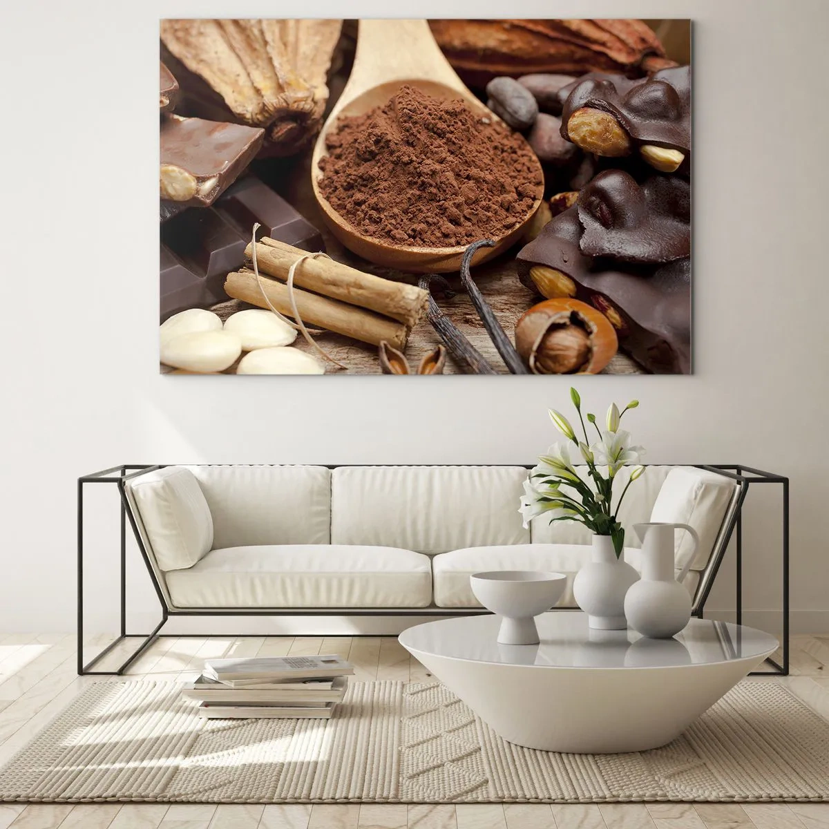 Glasbild - Bild auf glas - Ein Löffel Kakao, umgeben von Schokolade, Gewürzen und Nüssen - 70x50cm - Die Beste gegen Sorgen - Moderne Wanddekoration für Wohnzimmer und Schlafzimmer ARTTOR