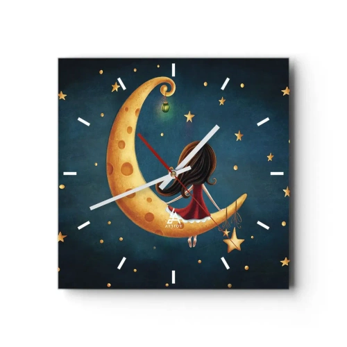 Wanduhr - Glasuhr - Ein Mädchen auf dem Mond, umgeben von Sternen - 30x30cm - Einmal… - Moderne Wanddekoration für Wohnzimmer und Schlafzimmer ARTTOR