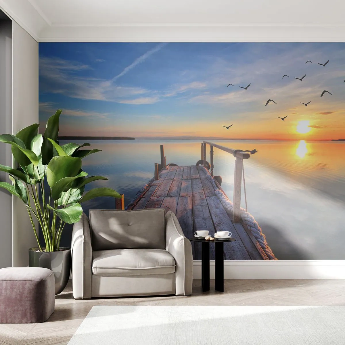 Fototapete Premium Sand - Lauf direkt der Sonne entgegen - Landschaft, See, Holzbrücke - 250x175 cm