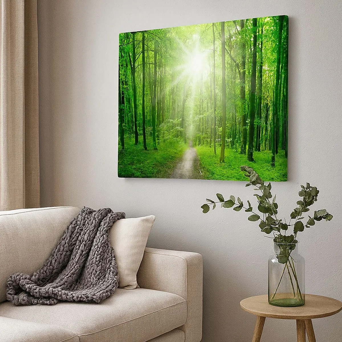 Bild auf Leinwand - Leinwandbild - Pfad im Wald mit Sonnenstrahlen - 70x50cm - Die grüne Kathedrale - Moderne Wanddekoration für Wohnzimmer und Schlafzimmer ARTTOR
