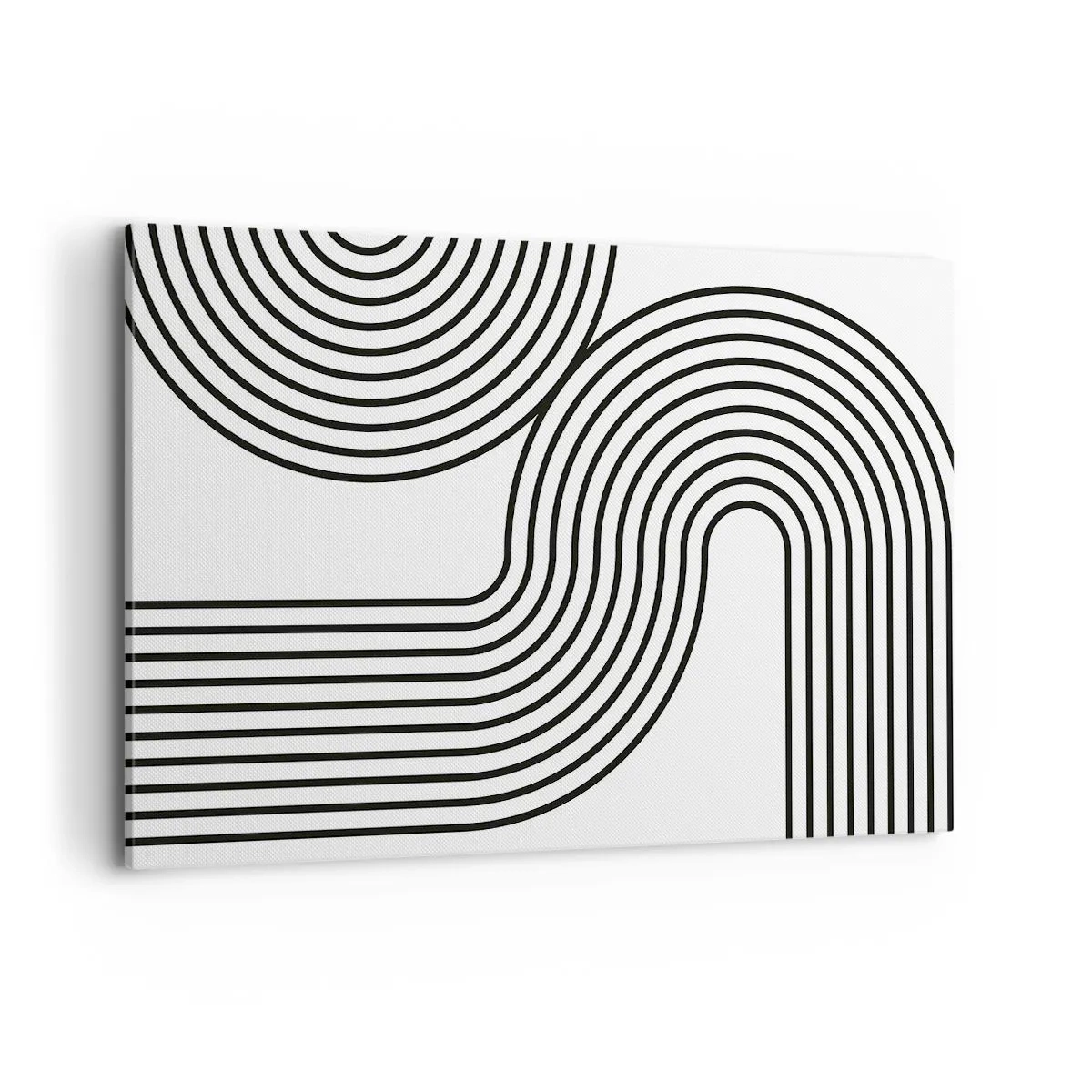 Bild auf Leinwand - Leinwandbild - Ein abstraktes Gemälde mit schwarzen Linien, die geometrische Muster auf weißem Hintergrund erzeugen. - 120x80cm - An der Kurve - Moderne Wanddekoration für Wohnzimmer und Schlafzimmer ARTTOR