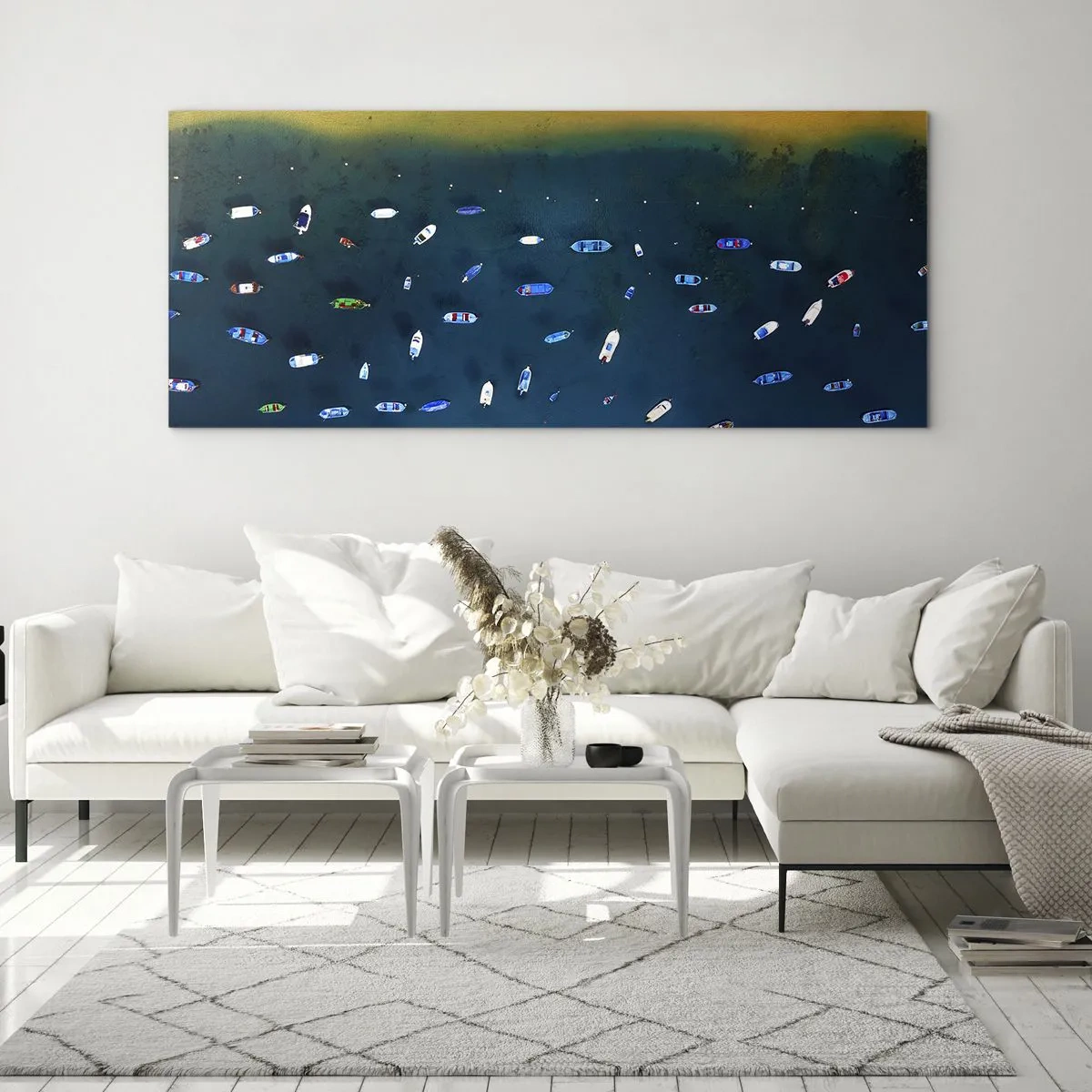 Glasbild - Bild auf glas - Luftaufnahme von Booten auf dem Wasser und einem Sandstrand - 160x50cm - Feiertagsspiel - Moderne Wanddekoration für Wohnzimmer und Schlafzimmer ARTTOR