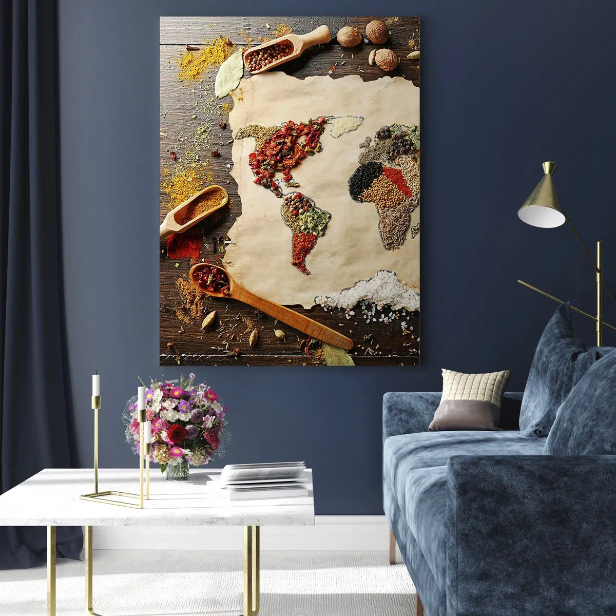 Glasbild - Bild auf glas - Eine Weltkarte aus Gewürzen auf einem hölzernen Hintergrund. - 80x120cm - Alle Aromen der Welt - Moderne Wanddekoration für Wohnzimmer und Schlafzimmer ARTTOR