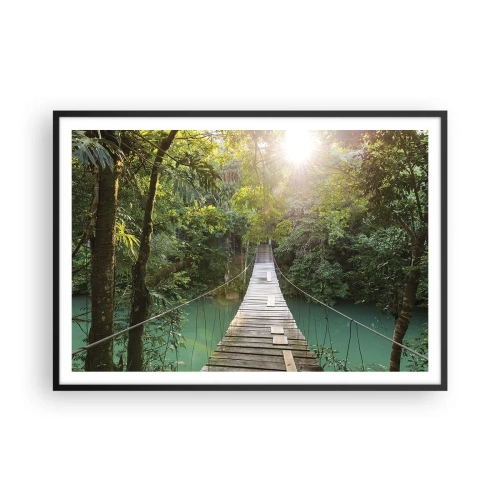 Poster in einem schwarzem Rahmen - Eine Hängebrücke in einem tropischen Wald, beleuchtet vom Sonnenlicht. - 100x70cm - Über das azurblaue Wasser zum azurblauen Wald - Moderne Wanddekoration für Wohnzimmer und Schlafzimmer ARTTOR