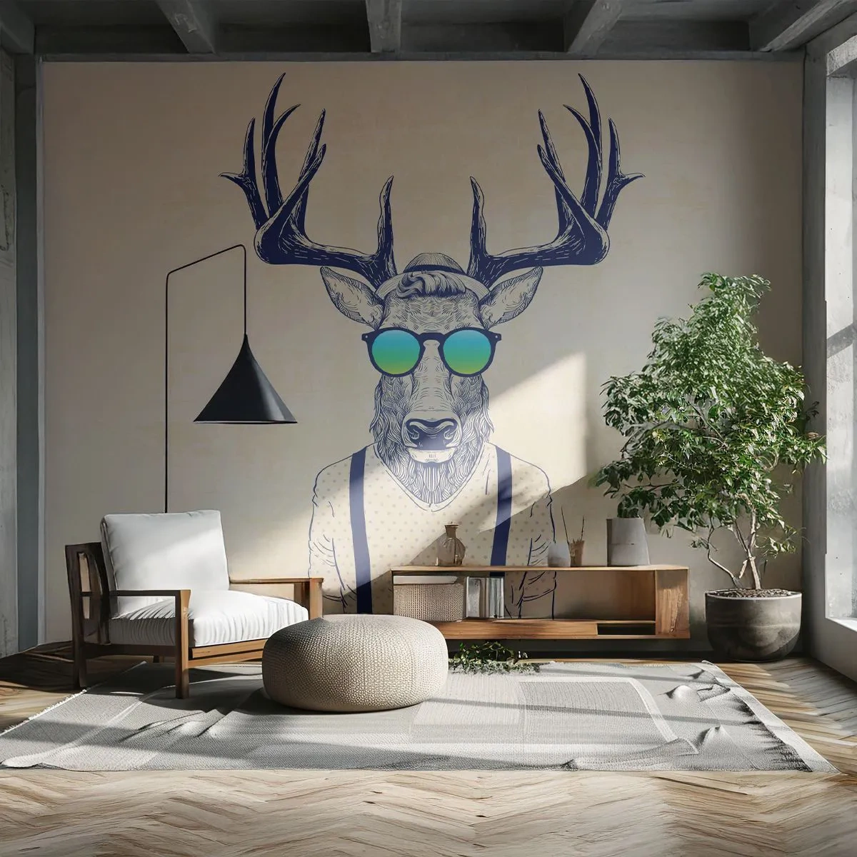 Fototapete Premium Sand - Hipster Hirsch mit Sonnenbrille und Hosenträgern - 100x70cm - Wen hast du erwartet? - Moderne Wanddekoration für Wohnzimmer und Schlafzimmer ARTTOR