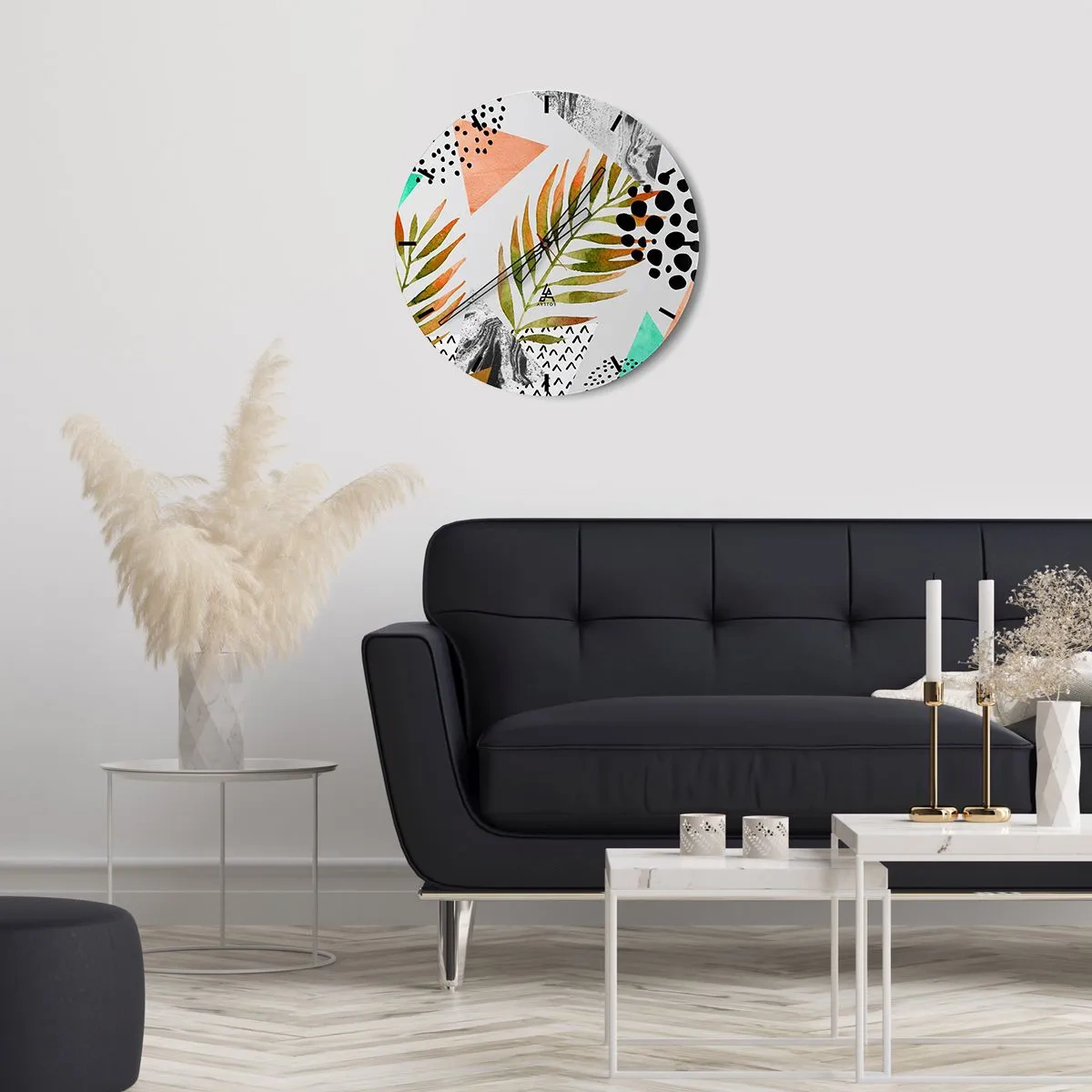 Wanduhr - Glasuhr - Geometrie und Blätter im Aquarellstil - 30x30cm - Dekoration mit Palmblatt - Moderne Wanddekoration für Wohnzimmer, Küche und Schlafzimmer ARTTOR