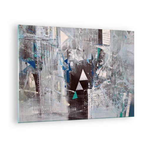 Glasbild - Bild auf glas - Geometrische Dreiecke vor dem Hintergrund einer abstrakten Komposition in Grautönen. - 70x50cm - Überschreibende Reihenfolge der Dreiecke - Moderne Wanddekoration für Wohnzimmer und Schlafzimmer ARTTOR
