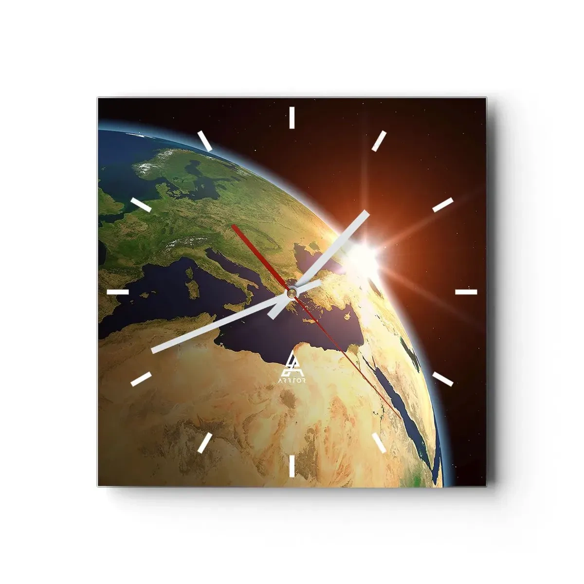Wanduhr - Glasuhr - Blick auf die Erde aus dem Weltraum mit Sonnenstrahlen am Horizont - 30x30cm - Sonnenaufgang - Moderne Wanddekoration für Wohnzimmer und Schlafzimmer ARTTOR
