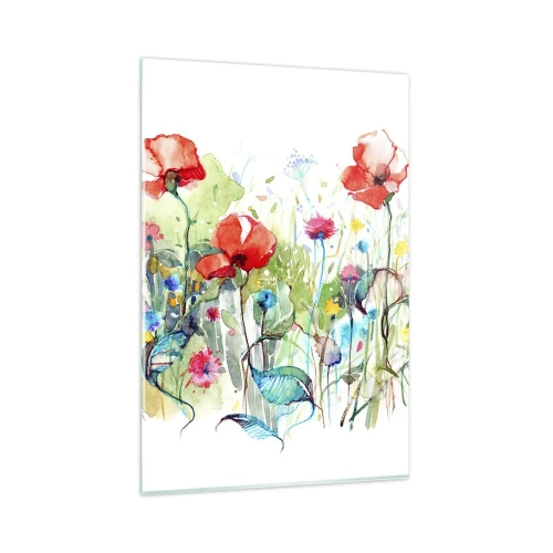 Glasbild - Bild auf glas - Eine Wiese mit roten Mohnblumen und bunten Blumen in Aquarell - 80x120cm - Blühende Maiwiese - Moderne Wanddekoration für Wohnzimmer und Schlafzimmer ARTTOR