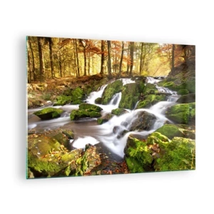 Glasbild - Bild auf glas - Ein Waldbach mit Wasserfällen in einer herbstlichen Landschaft - 70x50cm - Rasch durch den herbstlichen Wald - Moderne Wanddekoration für Wohnzimmer und Schlafzimmer ARTTOR