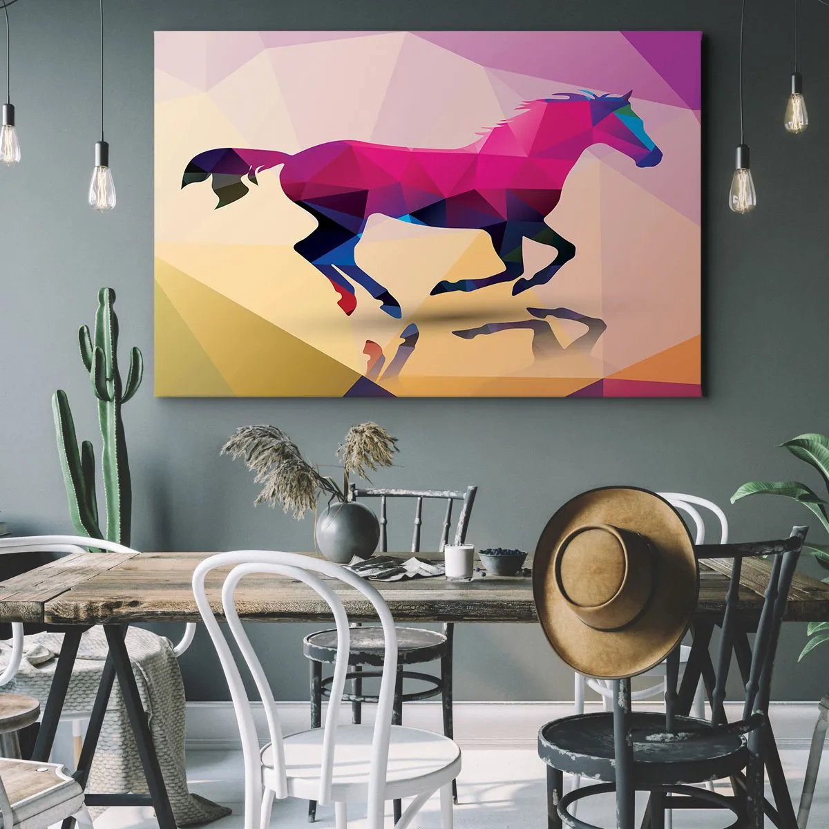 Bild auf Leinwand - Leinwandbild - Geometrische Silhouette eines galoppierenden Pferdes in leuchtenden Farben - 70x50cm - Kubismus lebt noch - Moderne Wanddekoration für Wohnzimmer und Schlafzimmer ARTTOR