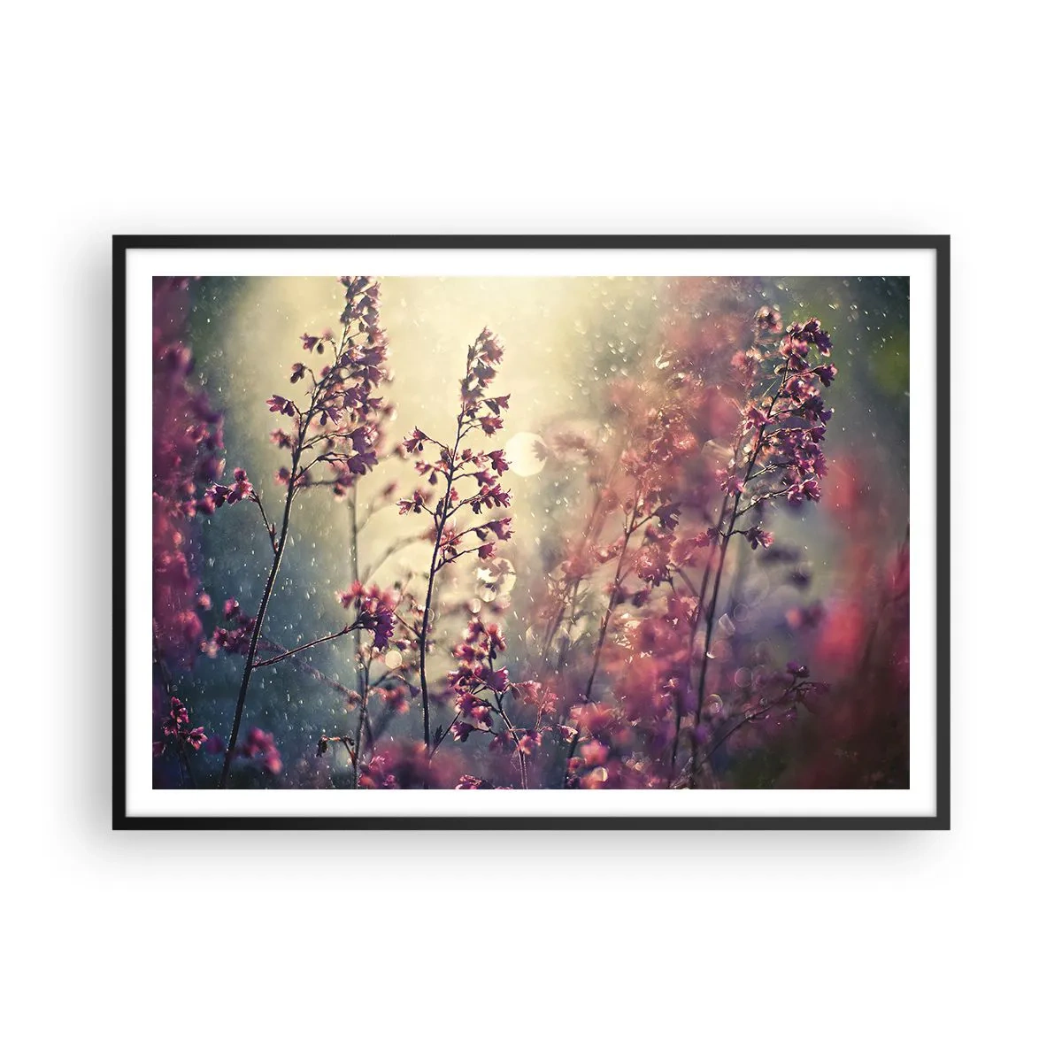 Poster in einem schwarzem Rahmen - Blumen im Sonnenlicht vor dem Hintergrund der Natur - 100x70cm - Geheimnisvoller Garten - Moderne Wanddekoration für Wohnzimmer und Schlafzimmer ARTTOR