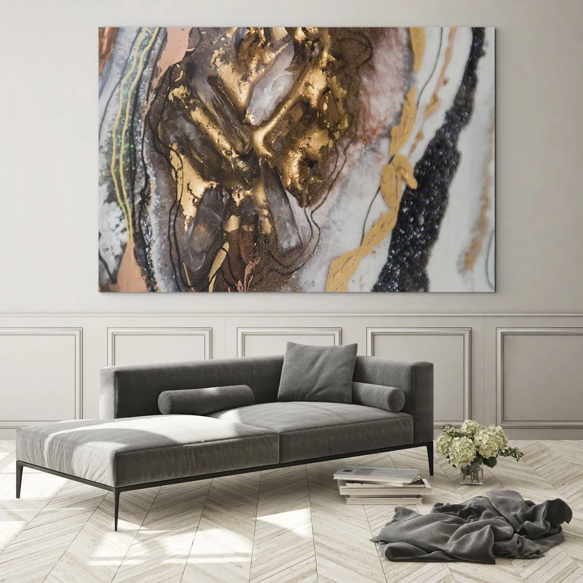 Glasbild - Bild auf glas - Ein abstraktes Gemälde in Gold-, Braun- und Weißtönen mit einer mineralähnlichen Textur. - 70x50cm - Das Element der Erde - Moderne Wanddekoration für Wohnzimmer und Schlafzimmer ARTTOR
