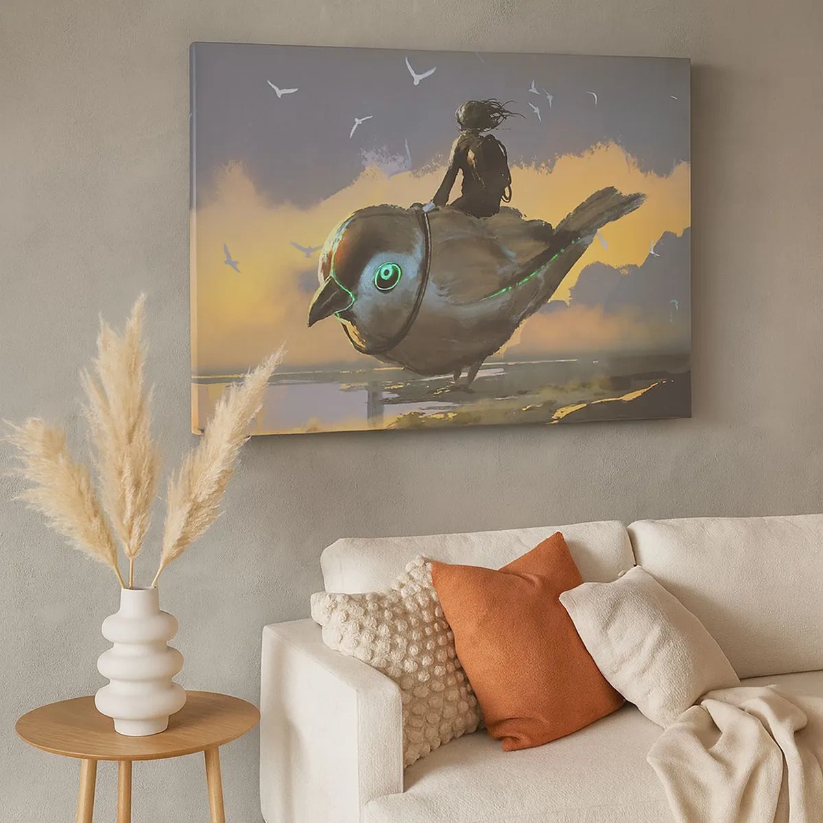 Bild auf Leinwand - Leinwandbild - Reiter auf einem riesigen Vogel in einer surrealen Landschaft - 70x50cm - Ein Stopp auf einer fantastischen Reise - Moderne Wanddekoration für Wohnzimmer und Schlafzimmer ARTTOR