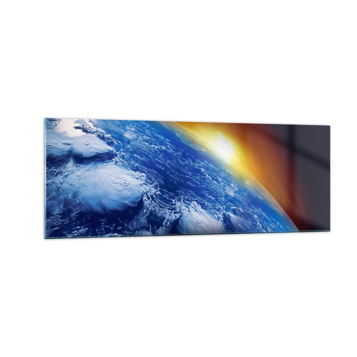 Glasbild - Bild auf glas - Blick auf die Erde aus dem Weltraum bei Sonnenuntergang - 140x50cm - Sonnenaufgang über dem blauen Planeten - Moderne Wanddekoration für Wohnzimmer und Schlafzimmer ARTTOR