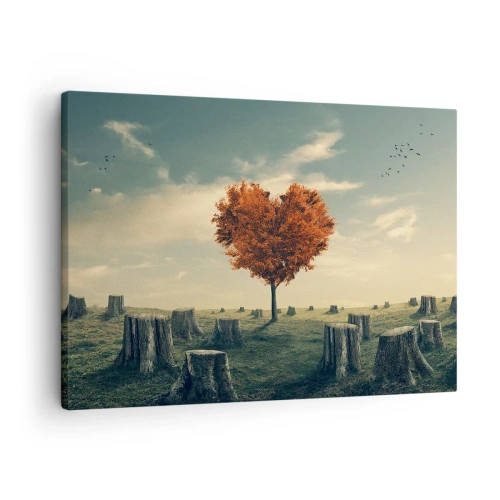 Bild auf Leinwand - Leinwandbild - Ein herzförmiger Baum in einem Feld aus Baumstümpfen, ein Symbol der Hoffnung - 70x50cm - Es gibt noch Hoffnung - Moderne Wanddekoration für Wohnzimmer und Schlafzimmer ARTTOR