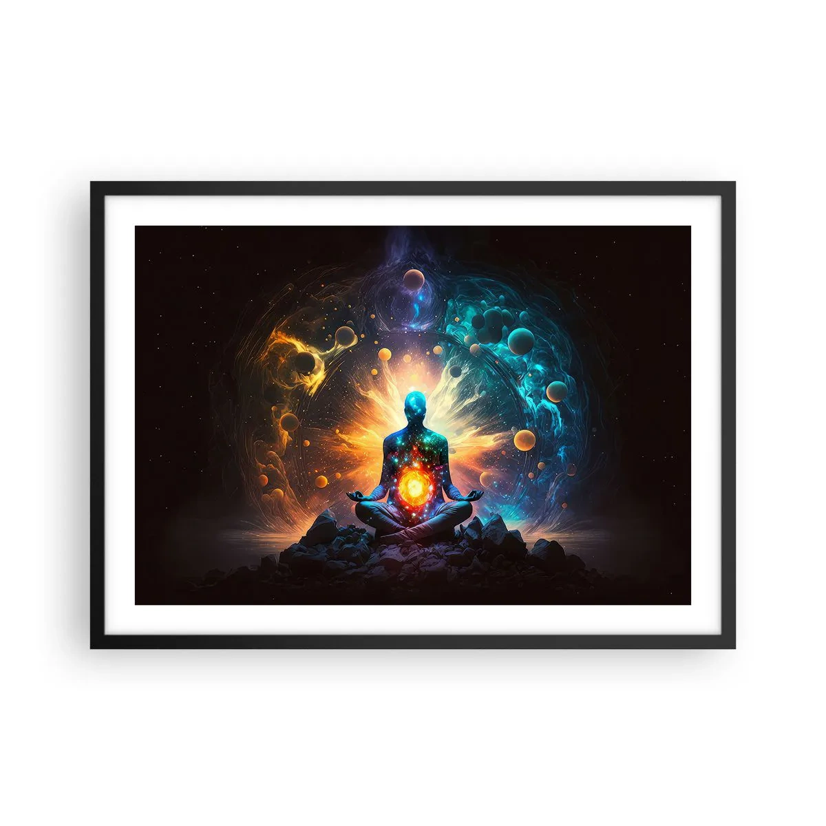 Poster in einem schwarzem Rahmen - Eine meditierende Figur, umgeben von einer kosmischen Aura - 70x50cm - Kosmischer Frieden - Moderne Wanddekoration für Wohnzimmer und Schlafzimmer ARTTOR
