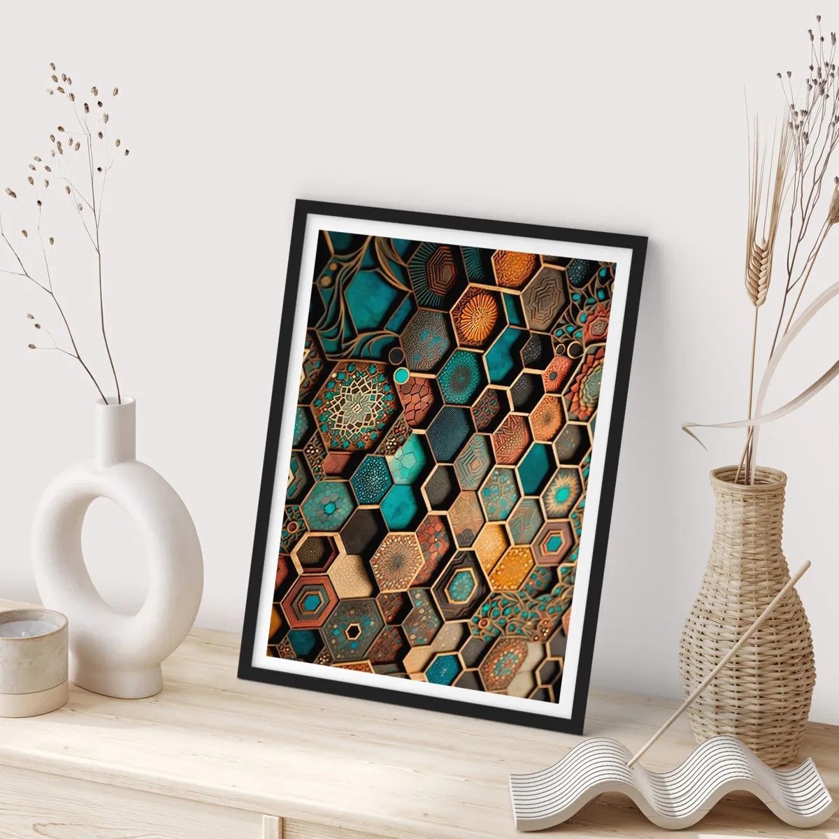Poster in einem schwarzem Rahmen - Eine geometrische Komposition aus Sechsecken in einer Gold- und Türkispalette. - 50x70cm - Arabische Ornamente – Variation - Moderne Wanddekoration für Wohnzimmer und Schlafzimmer ARTTOR