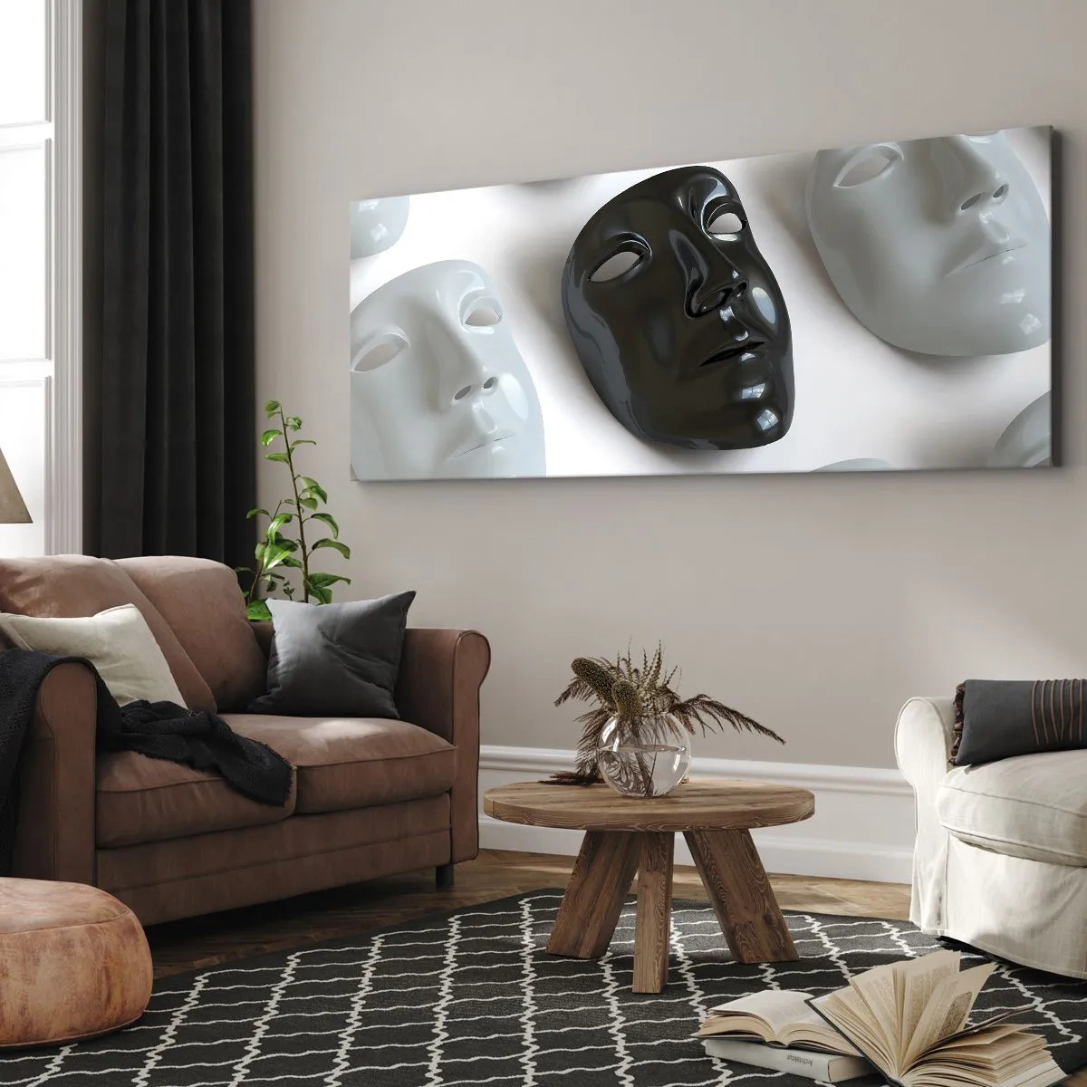 Bild auf Leinwand - Leinwandbild - Schwarz-weiße Masken auf hellem Hintergrund - 140x50cm - Wie hebt man sich ab? - Moderne Wanddekoration für Wohnzimmer und Schlafzimmer ARTTOR