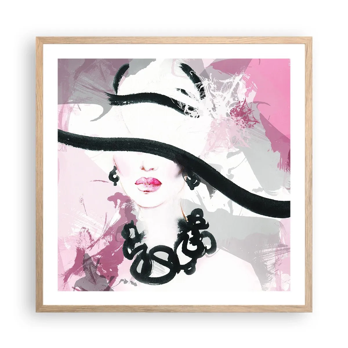 Poster in einem Rahmen aus heller Eiche - Bildnis einer Dame in Schwarz und Pink - 60x60 cm