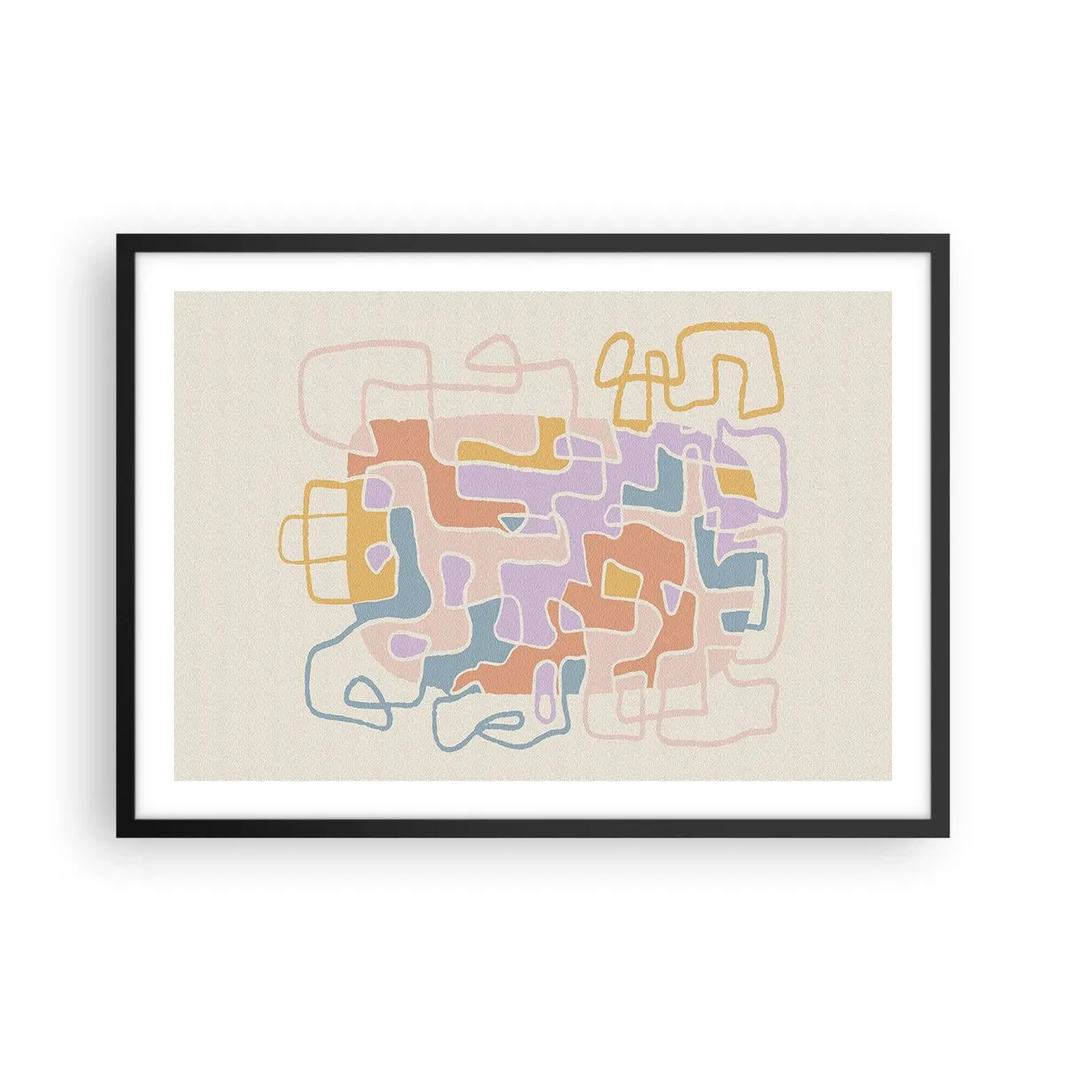 Poster in einem schwarzem Rahmen - Pastellfarbene abstrakte Linien erzeugen geometrische Muster - 70x50cm - Labyrinth – ein freudiges Abenteuer - Moderne Wanddekoration für Wohnzimmer und Schlafzimmer ARTTOR